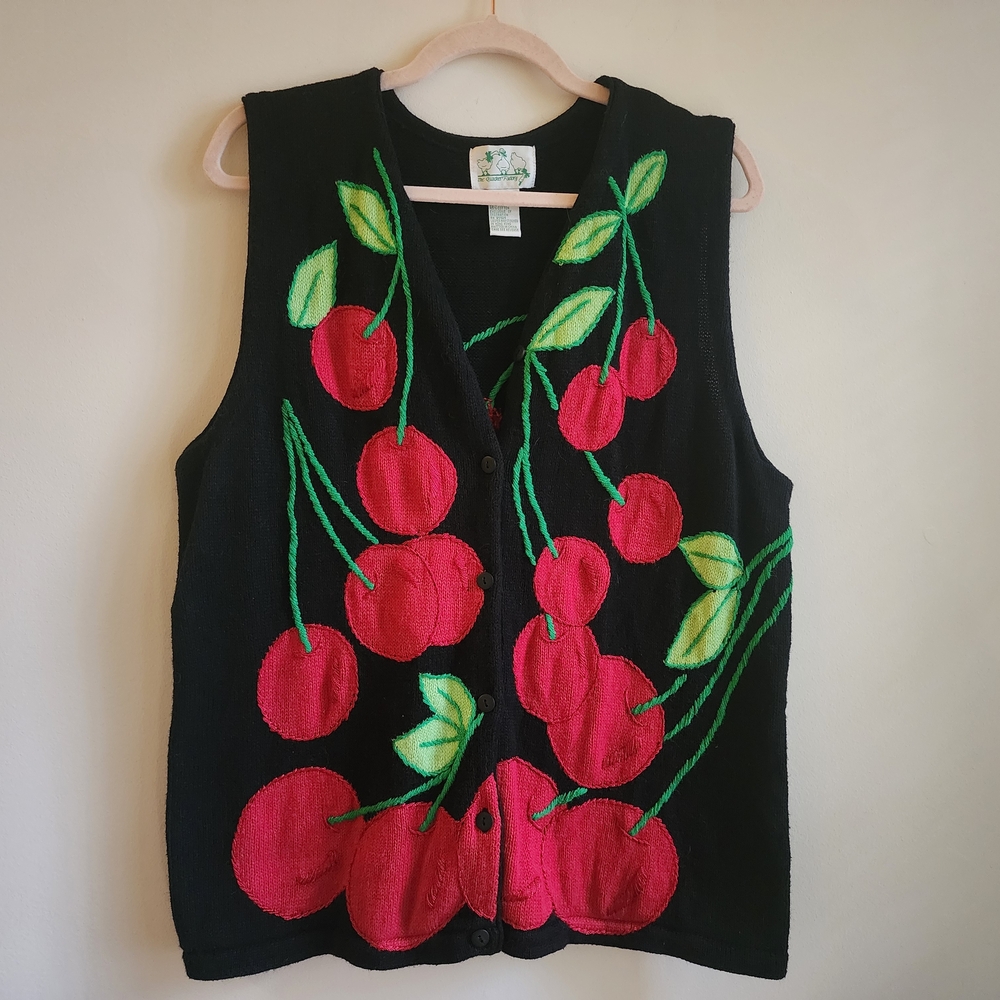 Vintage 90s Iconic Cherry Novelty Sweater Vest By Quacker Factory  L